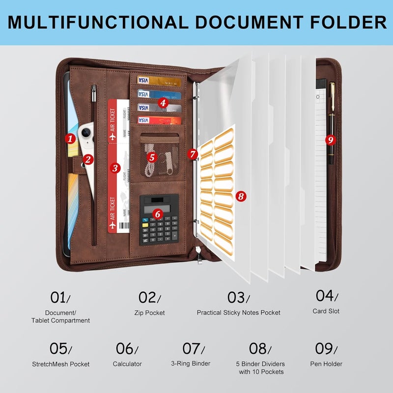 Eshow Portfolio Organizer - 3 Ring Binder with Zipper, Vegan Leather Business Padfolio Folder with Notepad Includes 5 Clear Sheet Protectors for Documents Files for Men Women - Image 2